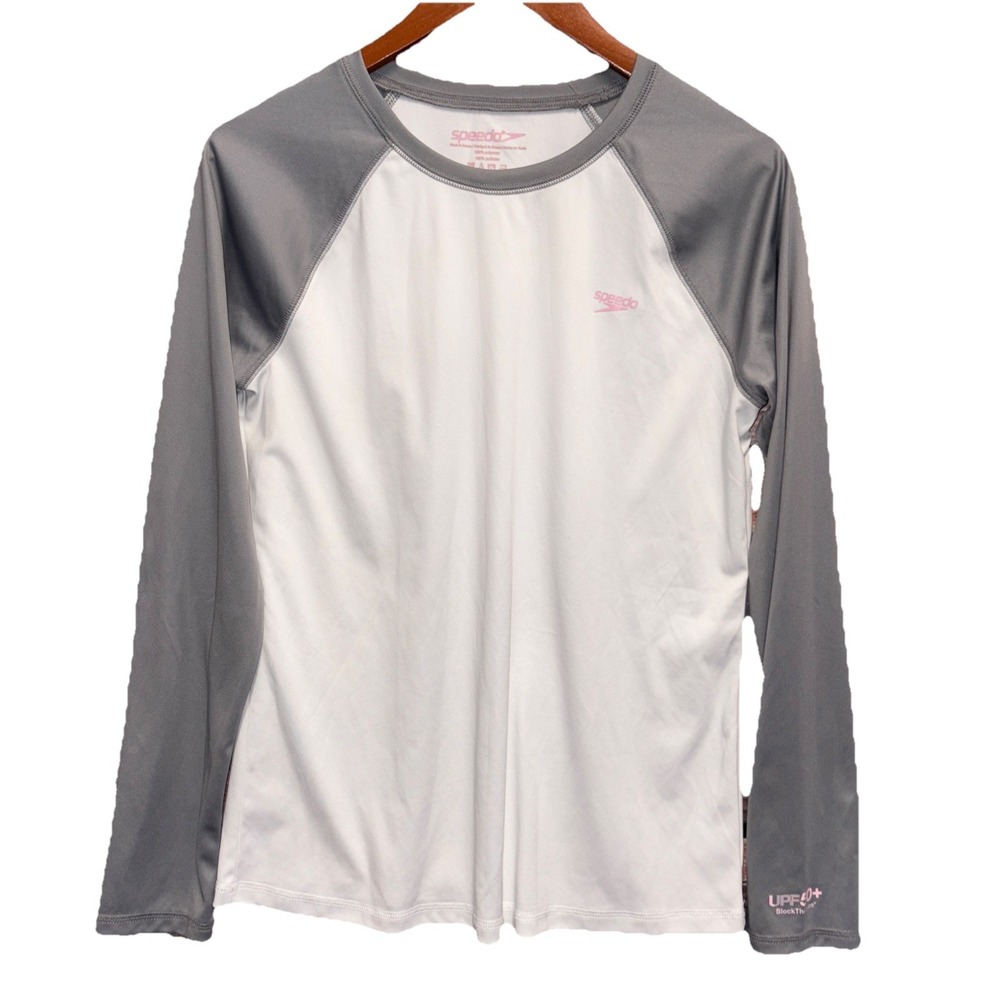 Speedo Men's Long Sleeve Shirt Size Large White Gray UPF 50 Active‎ Performance